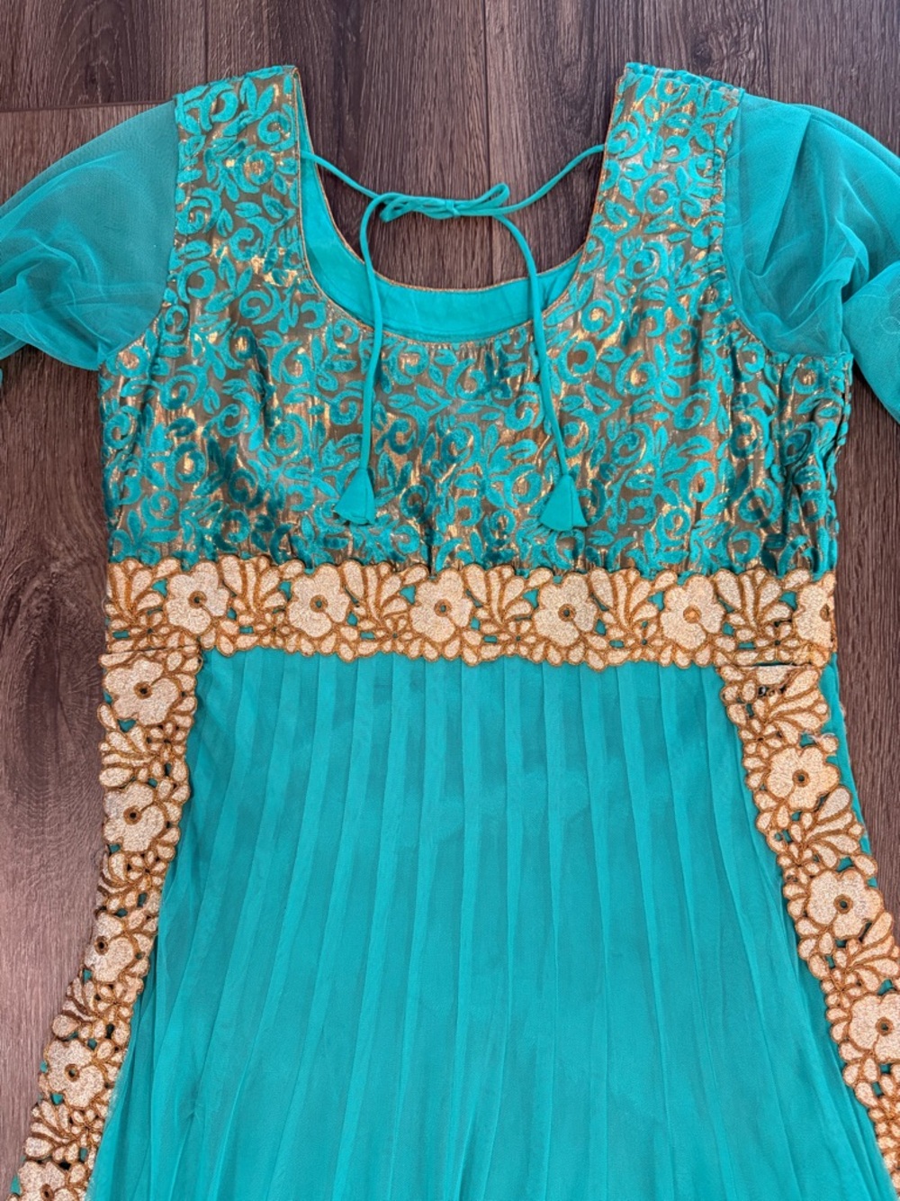 Turquoise Gold Anarkali Maxi Dress Indian Wedding Guest Bollywood Gown Medium - Picture 9 of 16